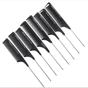 RU 12 Styles Heat Resistant Salon Black Metal Pin Tail Antistatic Comb Hard Carbon Cutting Comb Hair Trimmer