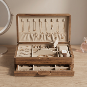 Wood Jewelry Storage Box with <b>Mirror</b> Drawer and Rails Carved Necklace Ring Earring Organizer <b>Tabletop</b> Display - Product Image 5