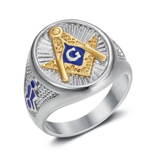 Freemason Men's <b>Ring</b> <b>Titanium</b> Steel Gold Plated Blue Inlay Geometric Design Gift Jewelry - Product Image 4