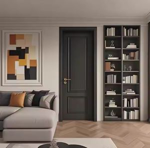 Puerta de Madera Maciza de Estilo Moderno Personalizada, Puerta Abatible Plana Insonorizada para Dormitorio con Rejilla Negra Pintada - Product Image 5