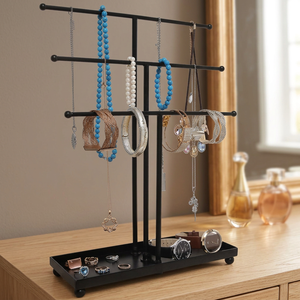 Modern Black Jewelry Display Stand with Adjustable Bars and Tray for Necklaces Bracelets <b>Watches</b> Rings Organized Storage Rack - Product Image 5
