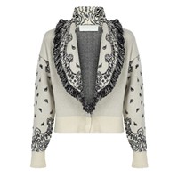 Cardigan ample en tricot jacquard motif cachemire vintage, col en V, revers à franges brutes, collection Printemps 2026