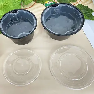 Reusable 2 Layers Food Dry And Wet Separate Takeaway Packaging Plastic Black Food Bowl With Lid Disposable