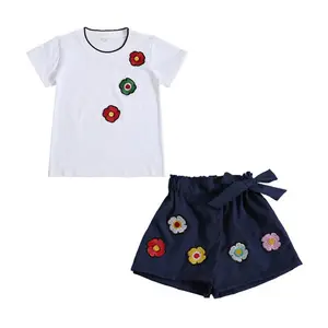 China Leveranciers Babykleding Meisje Zomerkleding Geborduurde Bloemen Korte Mouwen T-Shirt Short Pak