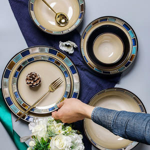 Assiettes et bols <span class=keywords><strong>en</strong></span> faïence céramique de style américain rétro pour restaurant occidental Assiettes à steak profondes pour pâtes Motif végétal pour manger à la maison - Product Image 5