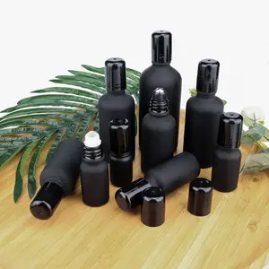 Custom 5 10 15 20 30 50 100ml round glass bottle black empty roll on perfume oil bottle frosted roller bottle