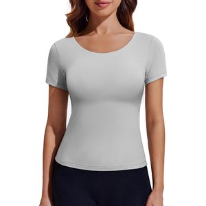 Haut de sport à manches courtes pour femme, gris, col rond, séchage rapide, t-shirt de yoga extensible - Product Image 1