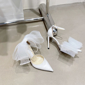 2026 Early Spring Solid Color Satin Asymmetric Bow Super High Heel Women's Pointed Shallow Stiletto Heel Hollow Sexy <b>Sandals</b> - Product Image 4