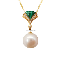 Collier en or rose massif 18 carats avec pendentif perle naturelle et diamant naturel, bijou en malachite