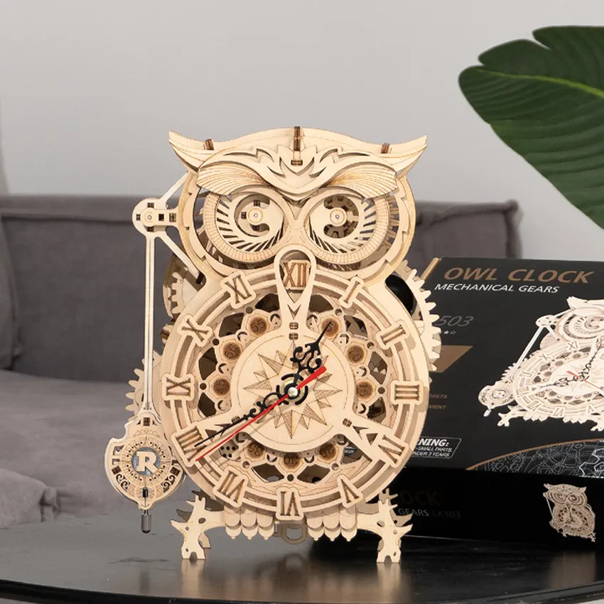Robotime Rokr 3d Wooden Puzzle Owl Clock DIY Mechanical Model Kits Toys For Adults