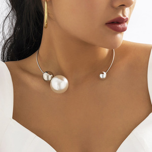 Geometric Asymmetric Bead <strong>Collar</strong> Cool Style <strong>Metal</strong> Round Large Pearl Bead Opening <strong>Collar</strong> - Product Image 4