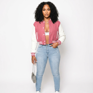 Pink Varsity <b>Jacket</b> With White <b>Sleeves</b> Button Closure Contrast Color Autumn Wear <b>Women's</b> <b>Jackets</b> - Product Image 1