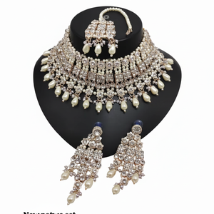<b>Gold</b> Plated Brass Zircon Kundan Ethnic Bridal Jewelry <b>Set</b> Choker Necklace Drop Earrings Tikka High Quality Wedding Gift Party - Product Image 2
