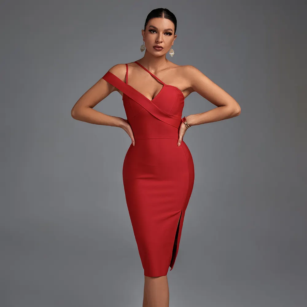 OEM kırmızı büstiyer Halter kapalı omuz bölünmüş Ropa De Mujer Vetement Femme Vestidos Dama balo salonu elbiseler parti bandaj elbise