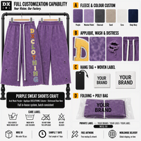 Shorts de survêtement personnalisés violet délavé à l'acide 320 g/m² avec lettres appliquées, ourlet brut vieilli et trous déchirés, style streetwear OEM ODM