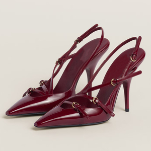 Zapatos de tacón alto para mujer con diseño de patente, múltiples tiras, anillo dorado, estilo stiletto, slingback, punta cuadrada y empeine abierto, venta al por mayor OEM - Product Image 1