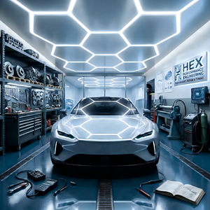 Lumière de garage hexagonale LED ultra-lumineuse, éclairage de plafond en nid d'abeille pour le detailing automobile, design connectable pour atelier, salle d'exposition, gymnase - Product Image 1