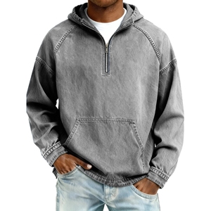 Hot Sale Vintage Washed <b>Half</b>-<b>Zip</b> Denim Hoodie Dropped Shoulder Pullover Casual <b>Jacket</b> For <b>Men</b> - Product Image 2