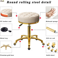 Tabouret ottoman rond de pédicure de salon de beauté en velours rose de style nordique avec base dorée