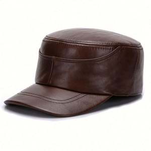 Gorra Deportiva Vintage para Hombre, Material de Cuero Vacuno Auténtico, Diseño Plano y Cálido para Otoño e Invierno, Logotipo Personalizado, Estilo Urbano, Tejido Común - Product Image 2