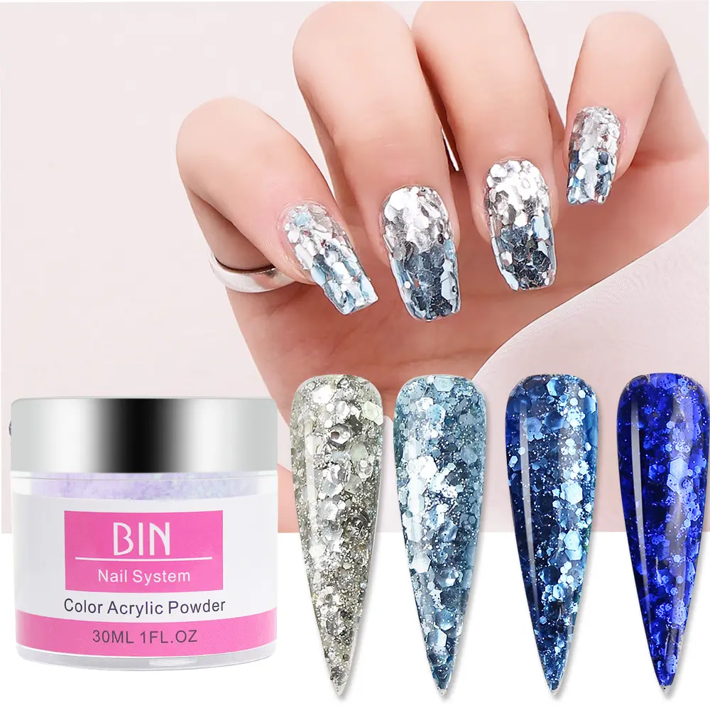 BIN hot selling 1OZ 2OZ Glitter Acrylic Powder Dipping 2 in 1 Dip Base Coat And Top Coat EMA Monomer mirror Powder for nail art