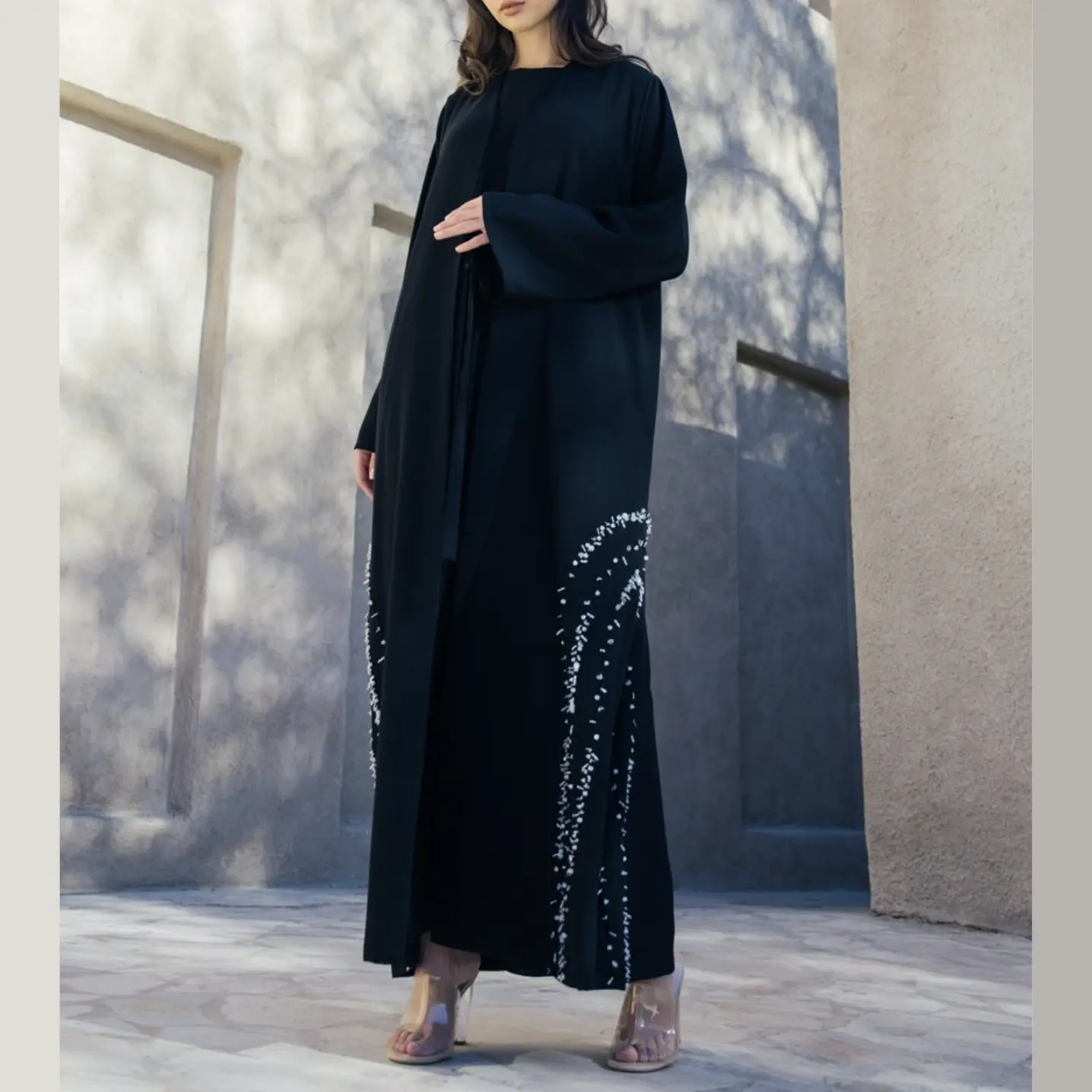 Caftano produttore personalizzato fatto a mano perline nere Eid donne musulmane abaya nuova tendenza kimono islamico