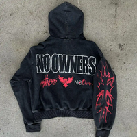 Kualitas tinggi Streetwear hitam tebal penuh Zip up asam katun murni dicuci Vintage tebal layar cetakan kebesaran cuci pria Hoodie
