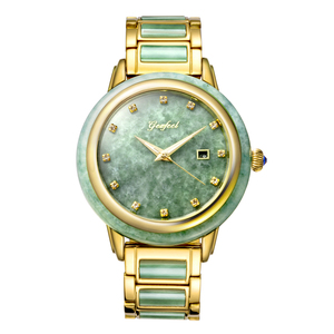Reloj mecánico automático de jade natural de lujo para hombre, reloj de pulsera con fecha y esfera de diamantes chapada en oro - Product Image 1