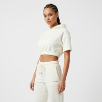 Ensemble 2 pièces pour femme : Sweat à capuche court à manches courtes et pantalon de survêtement en molleton crème, coupe droite, vente en gros