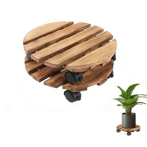 Wooden Flower <b>Pot</b> Base With Wheels 11.8in Round Durable Garden Plant <b>Stand</b> For Indoor Outdoor Use - Product Image 3