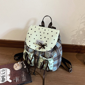 Sac à dos tendance coréen en nylon respirant pour <span class=keywords><strong>femme</strong></span>, grande capacité, polyvalent, motif écossais, avec joli nœud, idéal pour étudiante, style étoile - Product Image 1