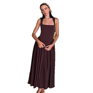 Robe d'été Nouvelle couleur pure Élégant col carré cintré <span class=keywords><strong>Gilet</strong></span> plissé - Product Image 5