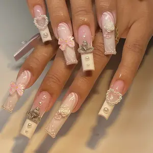 粉色法国提示人造指甲压超长棺材压3D珍珠设计指甲