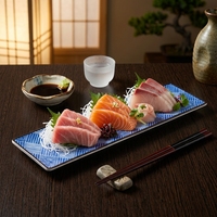 Japanse rechthoekige sashimi schaal serveerschaal blauw ruitpatroon restaurant servies