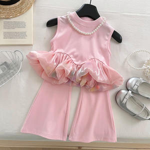 Nuevas niñas Casual sin mangas sólido estambre chaleco conjunto de dos piezas verano nueva moda pantalones acampanados elásticos de moda - Product Image 6