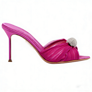 Sandalias de tacón fino con punta abierta de color rosa vibrante, adorno de diamantes brillantes para fiesta, zapatos de tacón para mujer, sin cordones, para verano - Product Image 2