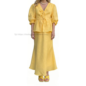 Conjunto de 2 Piezas para Mujer - Top con Mangas Abullonadas y Falda Midi, Atuendo Casual, Ropa de Mujer, Moda - Product Image 1
