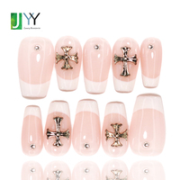 Kit de Faux Ongles à Presser Personnalisés Faits Main avec Breloque Croix Gothique, Vente en Gros, Acrylique de Haute Qualité, Gel 3D Gris, Ongles Artificiels OEM