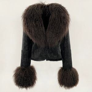 Giacca di lusso in vera pelle di pecora corta morbida grande collo di <span class=keywords><strong>pelliccia</strong></span> di agnello mongolo personalizzato da donna invernale cappotti in pelle scamosciata - Product Image 3