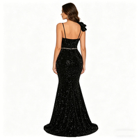 Robe de soirée sirène élégante noire, asymétrique, à bretelles, en velours pailleté, avec fente haute, pour femme, personnalisable