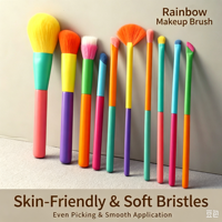 Ensemble de 10 pinceaux de maquillage arc-en-ciel pour le visage, pinceaux plats et éventail, fibres synthétiques douces, outils pour poudre, blush et fard à paupières - Outils de beauté