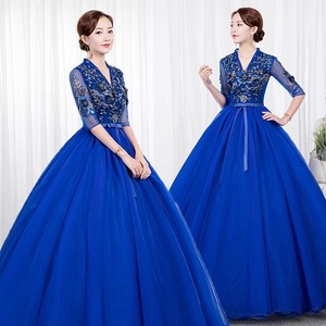 Blue Tulle Ball Gown V-neck Empire Waist Floral Print Evening Dress for Women - Product Image 5