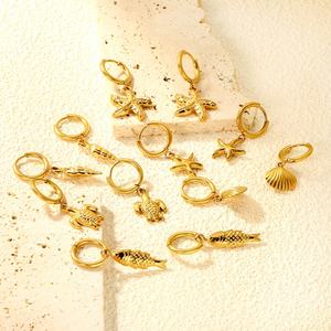 Pendientes Colgantes de Acero Inoxidable al por Mayor con Diseño de Concha y Estrella de Mar, Joyería de Moda Chapada en Oro de 18K, Pendientes de Verano para la Playa - Product Image 1