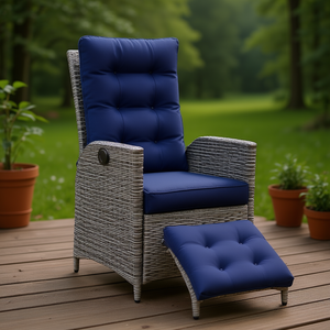 Gray Poly Rattan Reclining Patio Chair With Footrest Outdoor Garden Chair Contemporary Design Polyester <b>Cushion</b> - Product Image 2