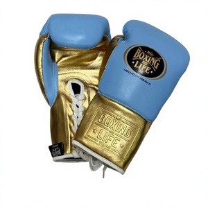 Wholesale No Boxing No Life Skyblue & Gold Real Cowhide <b>Leather</b> MMA Training Boxing Gloves Lace-Up Unisex Lightweight Breathable - Product Image 4