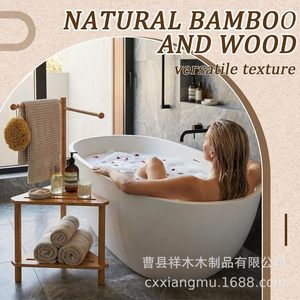 <b>Bamboo</b> Shower <b>Stool</b> With Towel Rack 2 Tier Storage Shelf For Bathroom Natural Wood Color Durable - Product Image 3