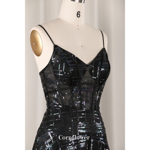 婚礼嘉宾亮片条纹珠网布女士派对性感透视鱼骨谦逊表演长礼服 - Product Image 5