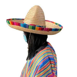 Mexican Sombrero Hat Adults with Serape Trim Straw Sombrero with Band