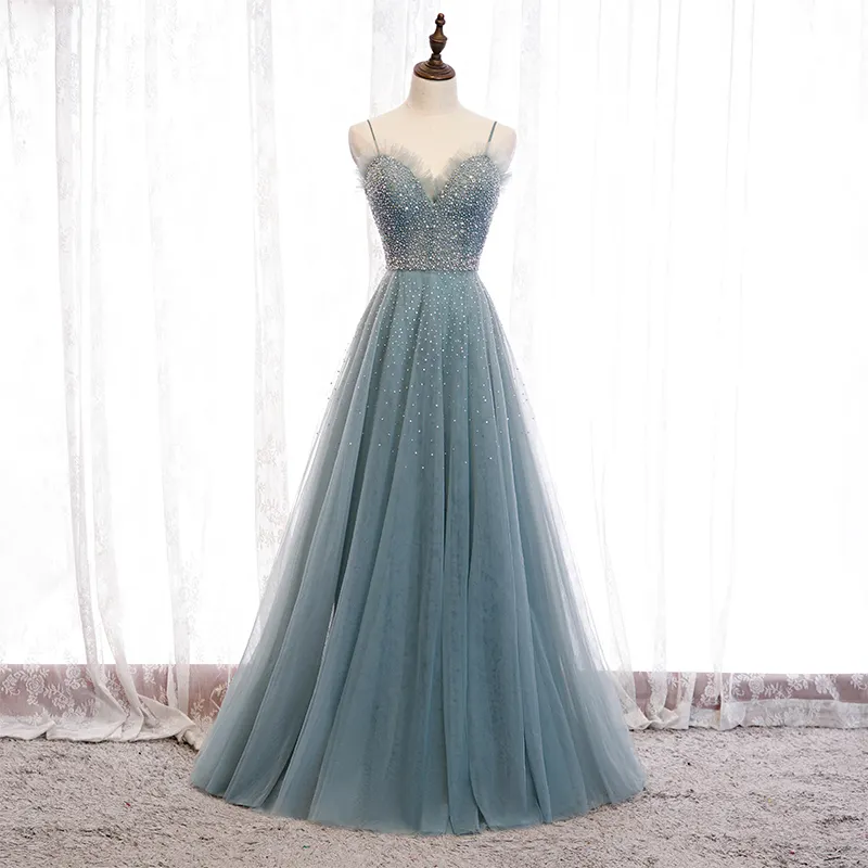 Charming light Blue Spaghetti Strap Sleeveless Ruffles Tulle Long Cheap Bridesmaid Dresses Made in China