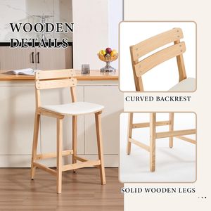 现代柜台高度吧凳天然纹理亚麻实木腿，带靠背软垫椅，适用于家庭酒吧 - Product Image 4